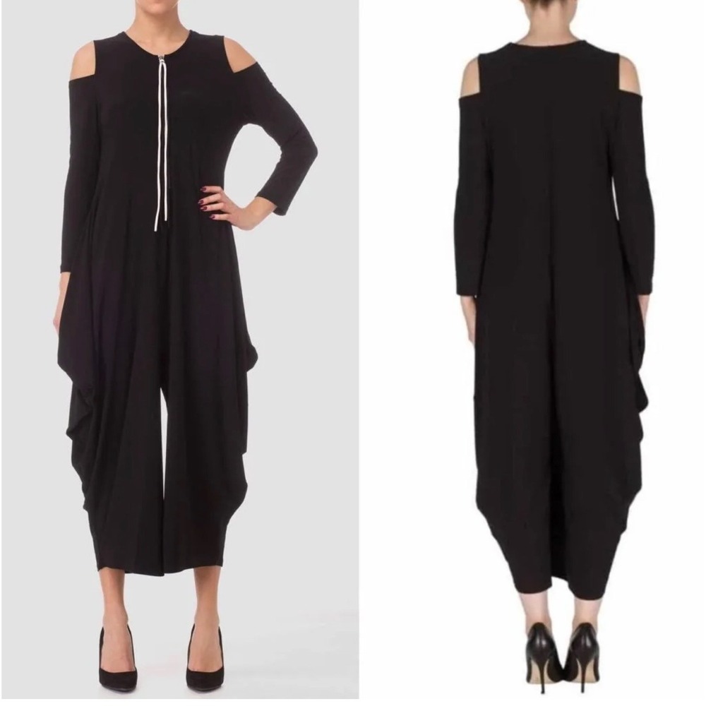 Joseph Ribkoff Black Cold Shoulder Wide Leg Harem Jumpsuit Front Zip Size 6 EUC
